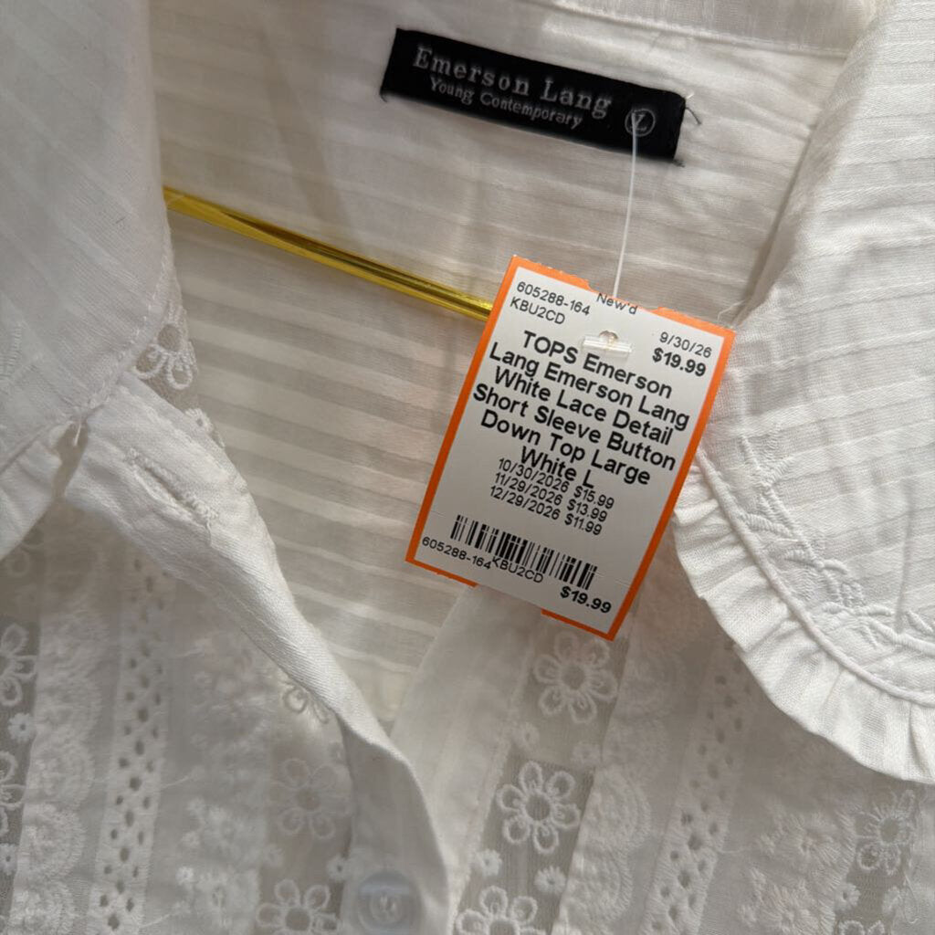 Emerson Lang White Lace Detail Short Sleeve Button Down Top Large