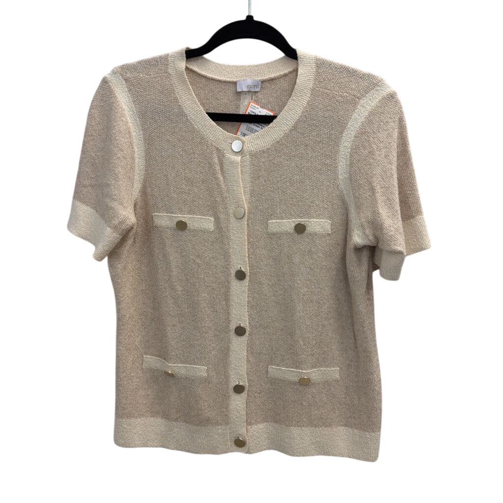 Ecru Beige/ Cream Knit Short Sleeve Button Front Top Medium
