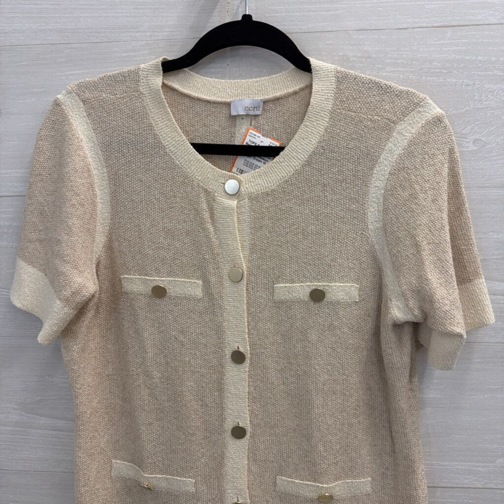 Ecru Beige/ Cream Knit Short Sleeve Button Front Top Medium