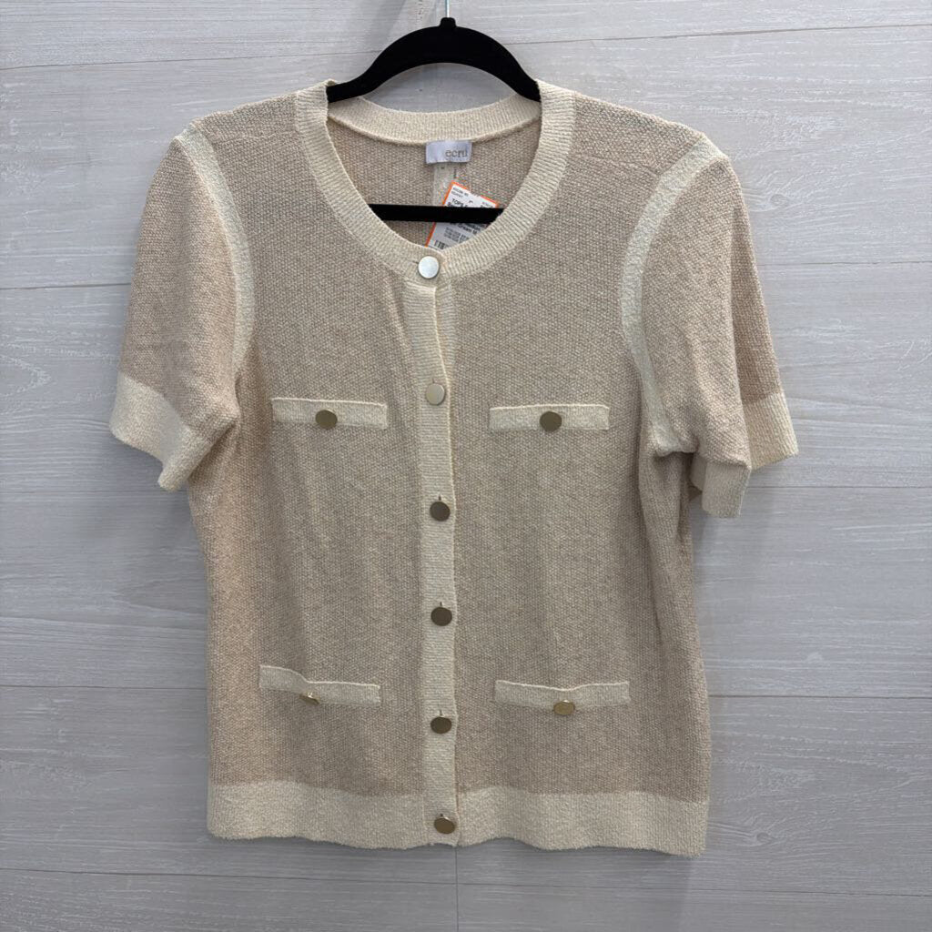 Ecru Beige/ Cream Knit Short Sleeve Button Front Top Medium