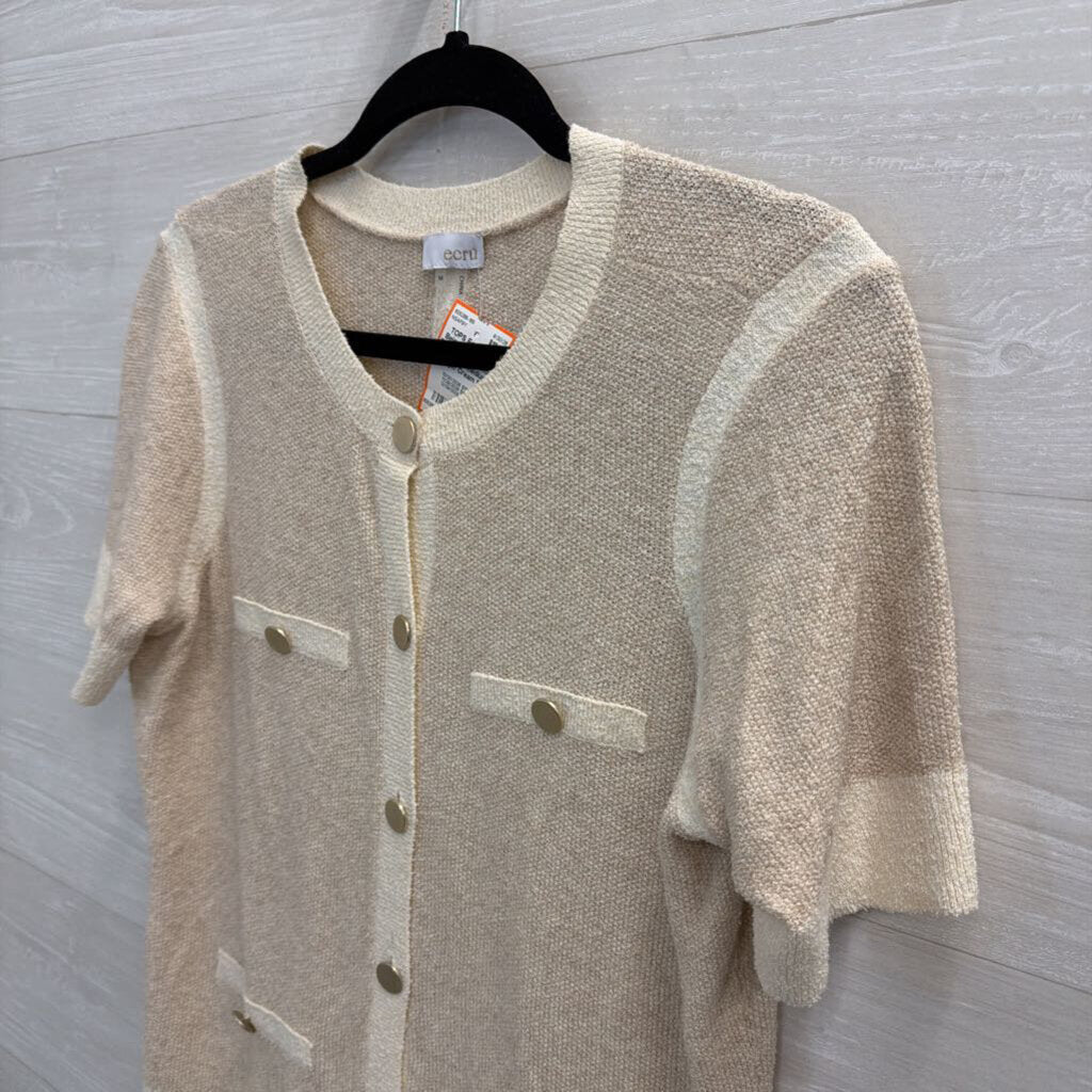 Ecru Beige/ Cream Knit Short Sleeve Button Front Top Medium