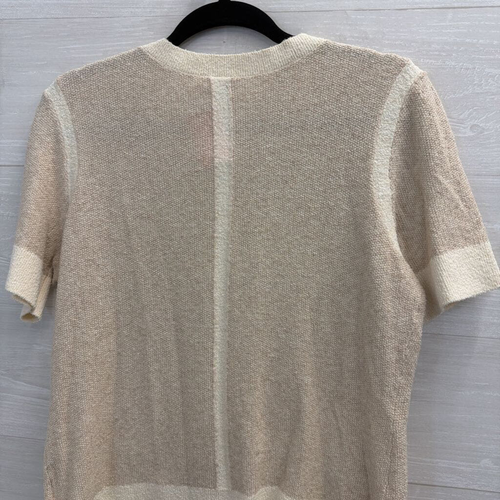 Ecru Beige/ Cream Knit Short Sleeve Button Front Top Medium