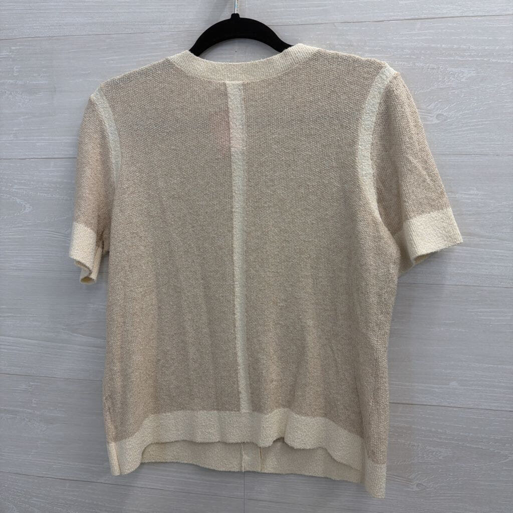 Ecru Beige/ Cream Knit Short Sleeve Button Front Top Medium