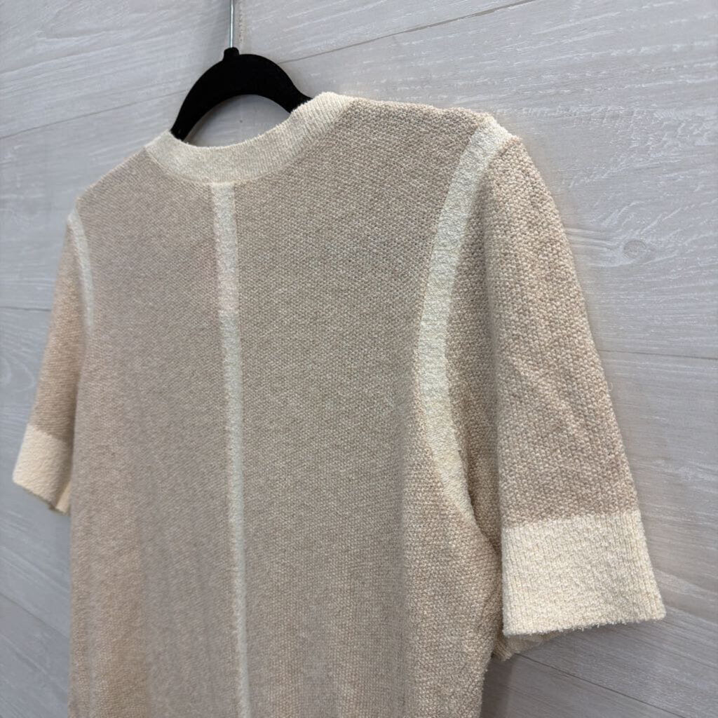 Ecru Beige/ Cream Knit Short Sleeve Button Front Top Medium
