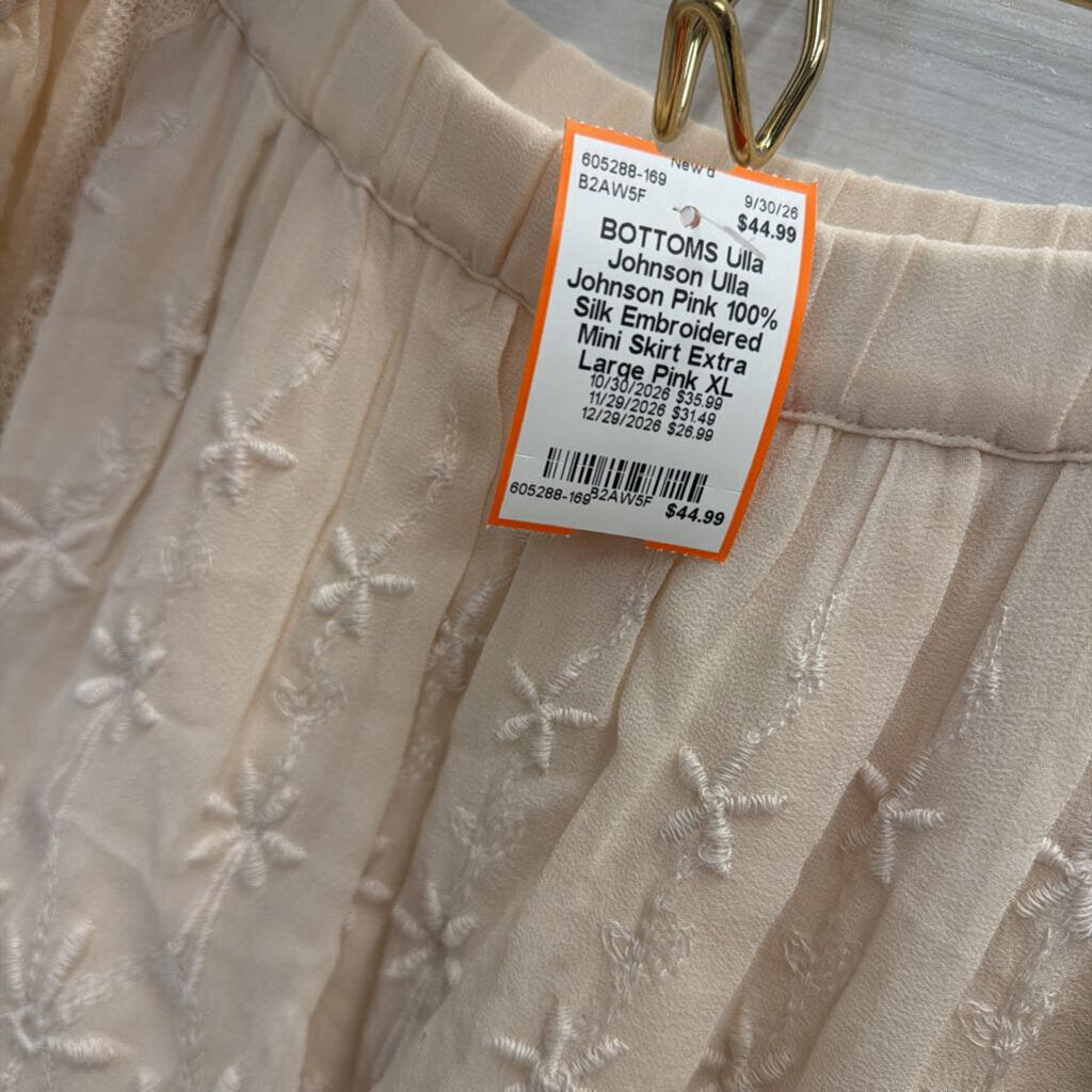 Ulla Johnson Pink 100% Silk Embroidered Mini Skirt Extra Large