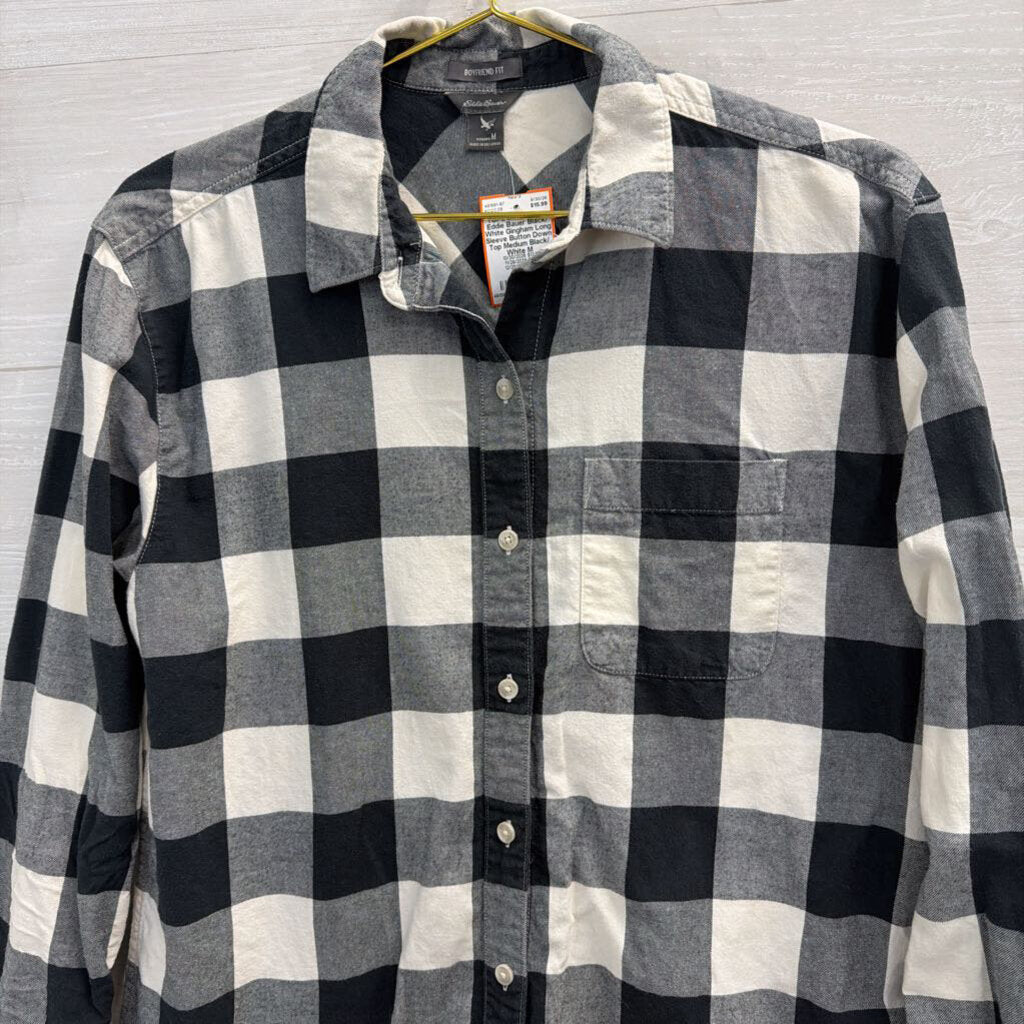 Eddie Bauer Black/ White Gingham Long Sleeve Button Down Top Medium
