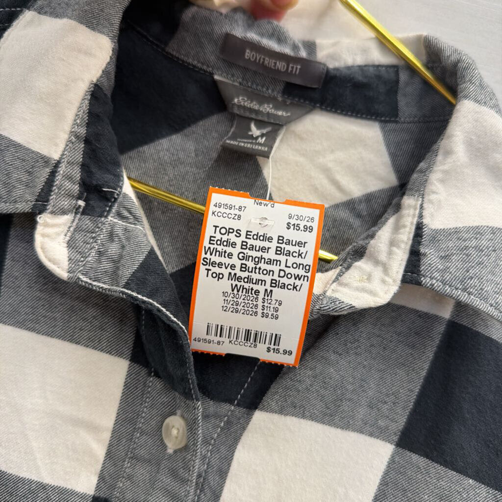 Eddie Bauer Black/ White Gingham Long Sleeve Button Down Top Medium