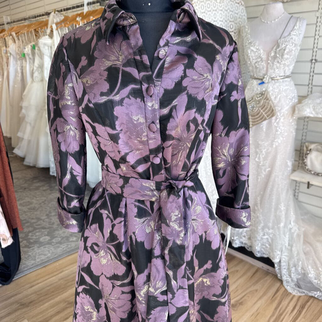Alex Evenings Black/ Metallic Purple Floral Print Long Sleeve Tie Waist Long Formal Dress 10