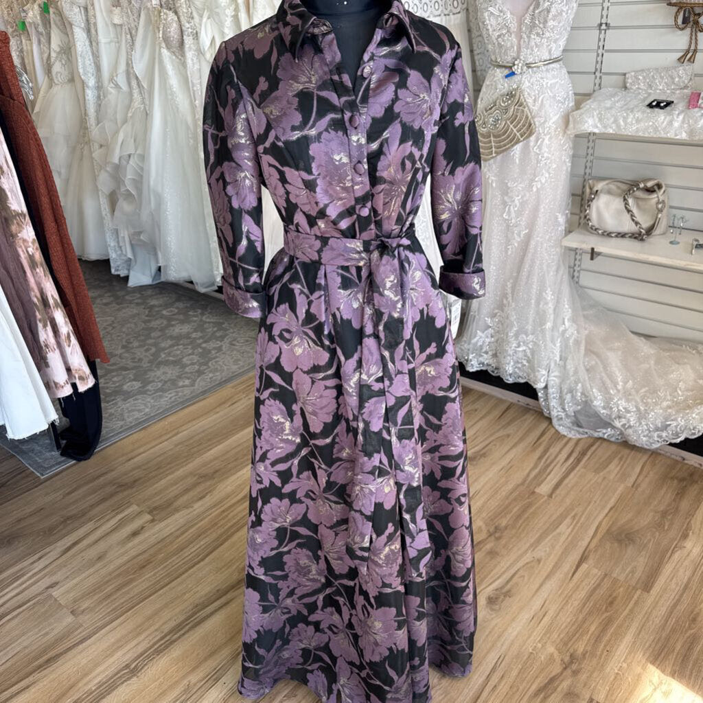 Alex Evenings Black/ Metallic Purple Floral Print Long Sleeve Tie Waist Long Formal Dress 10