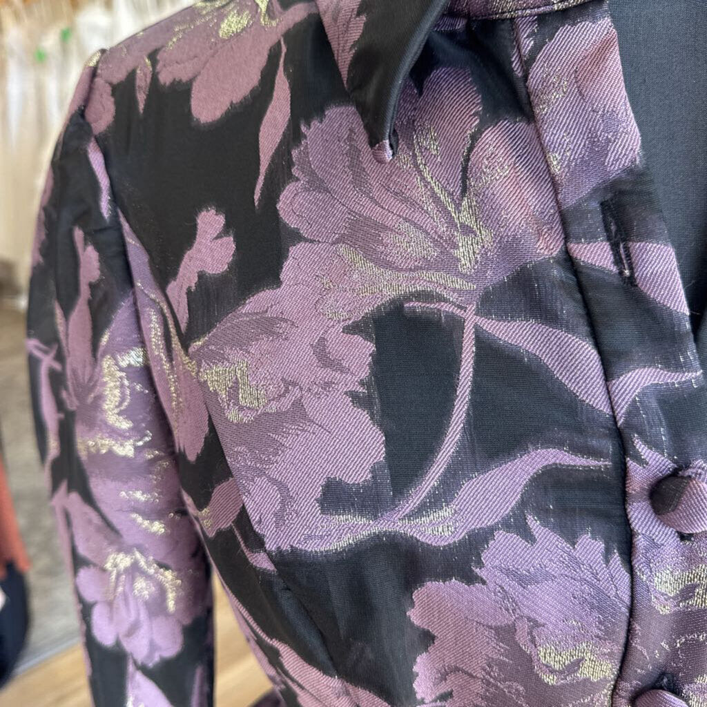 Alex Evenings Black/ Metallic Purple Floral Print Long Sleeve Tie Waist Long Formal Dress 10