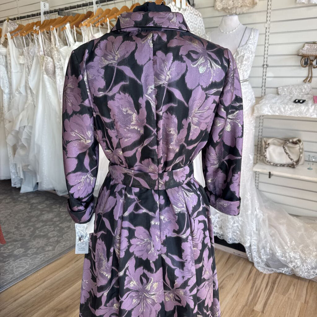 Alex Evenings Black/ Metallic Purple Floral Print Long Sleeve Tie Waist Long Formal Dress 10