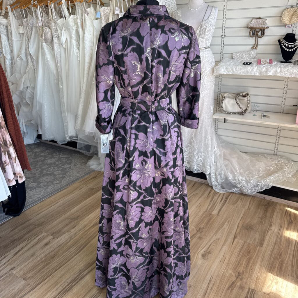 Alex Evenings Black/ Metallic Purple Floral Print Long Sleeve Tie Waist Long Formal Dress 10