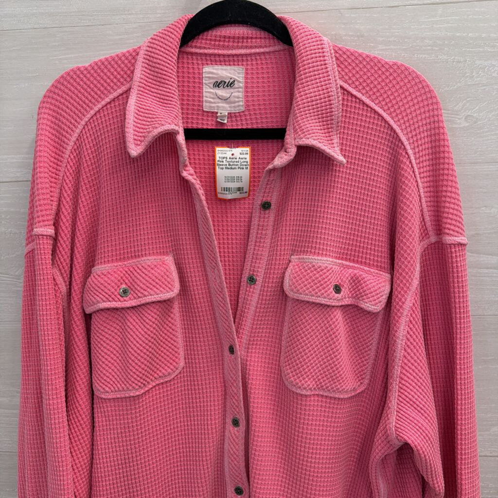 Aerie Pink Textured Long Sleeve Button Down Top Medium