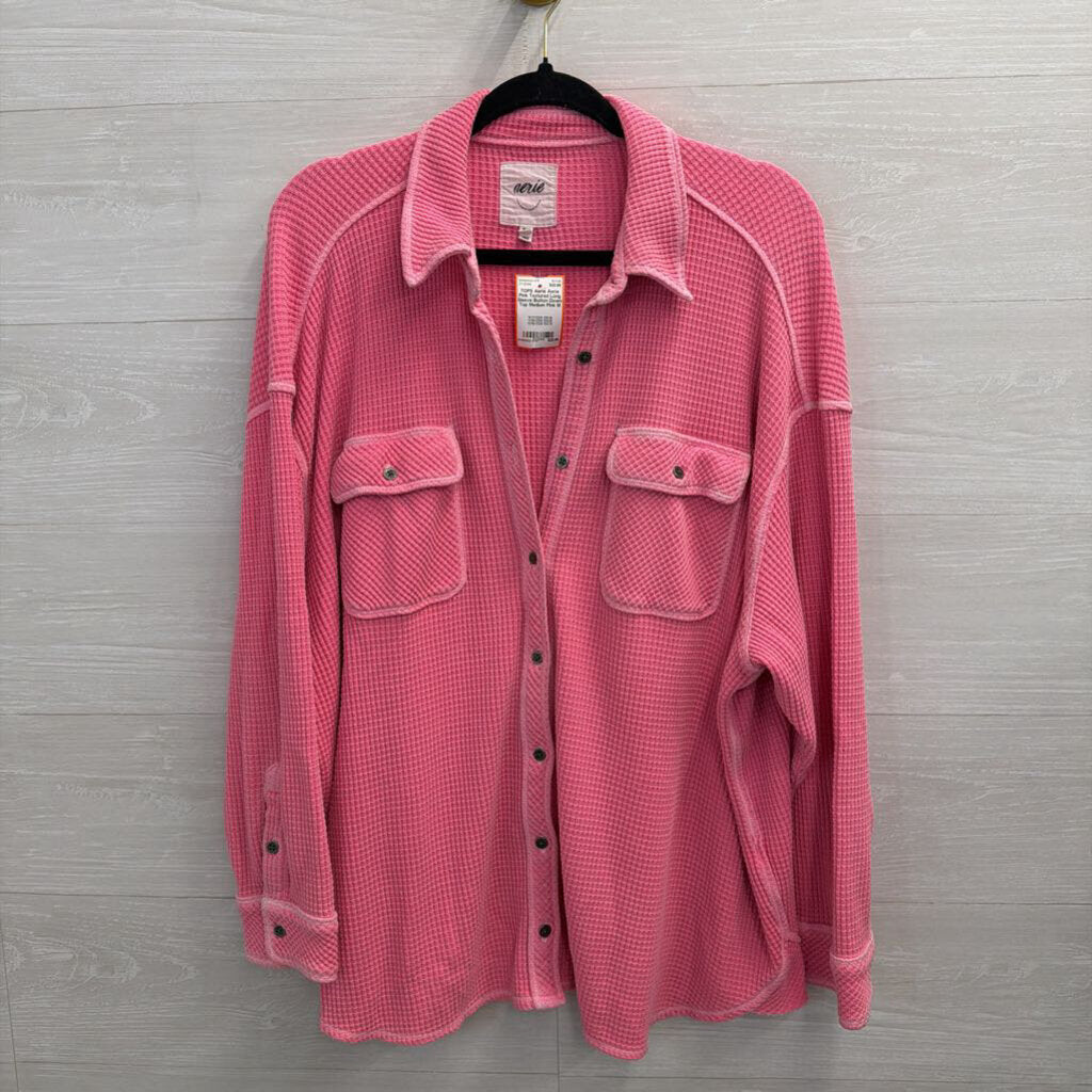 Aerie Pink Textured Long Sleeve Button Down Top Medium