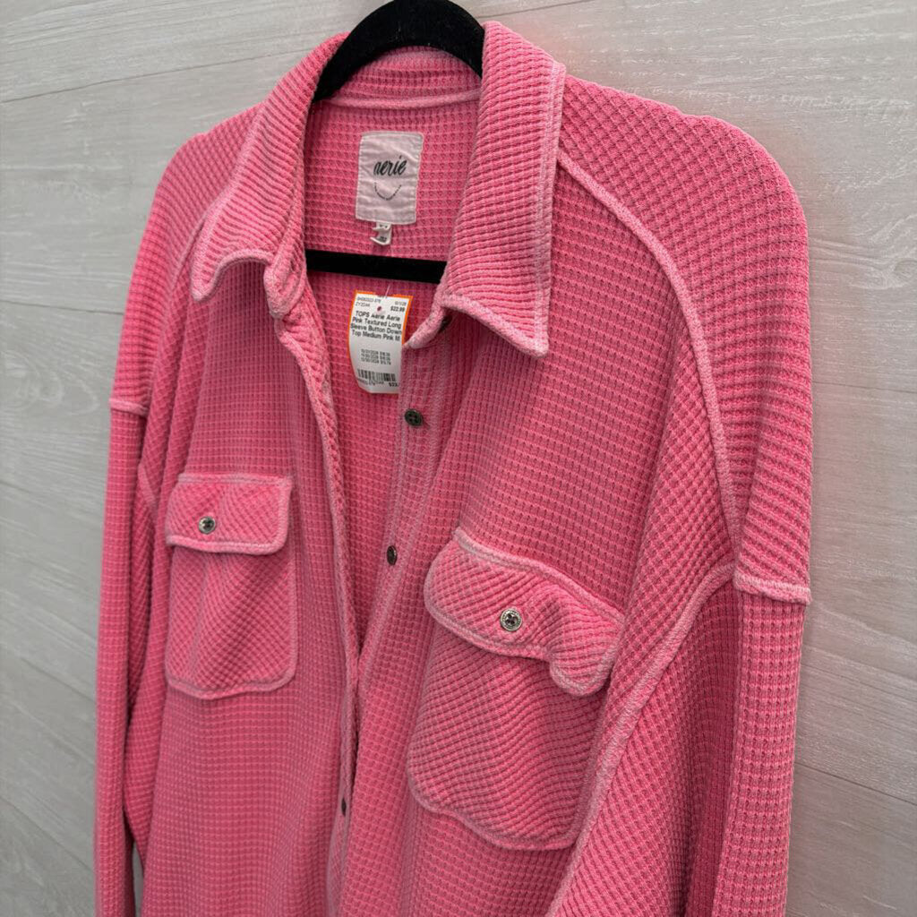 Aerie Pink Textured Long Sleeve Button Down Top Medium