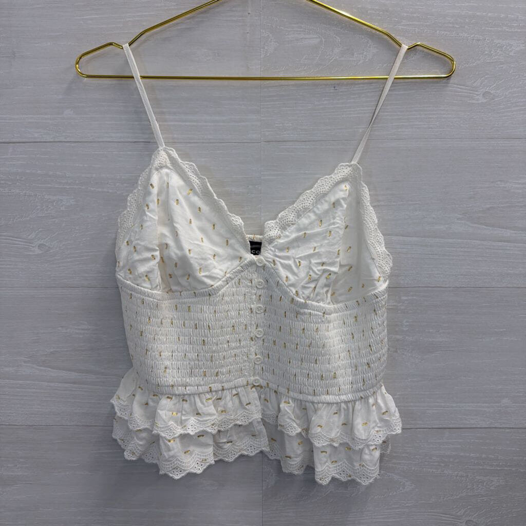 White/ Gold Dot Button Front Tank Top Medium