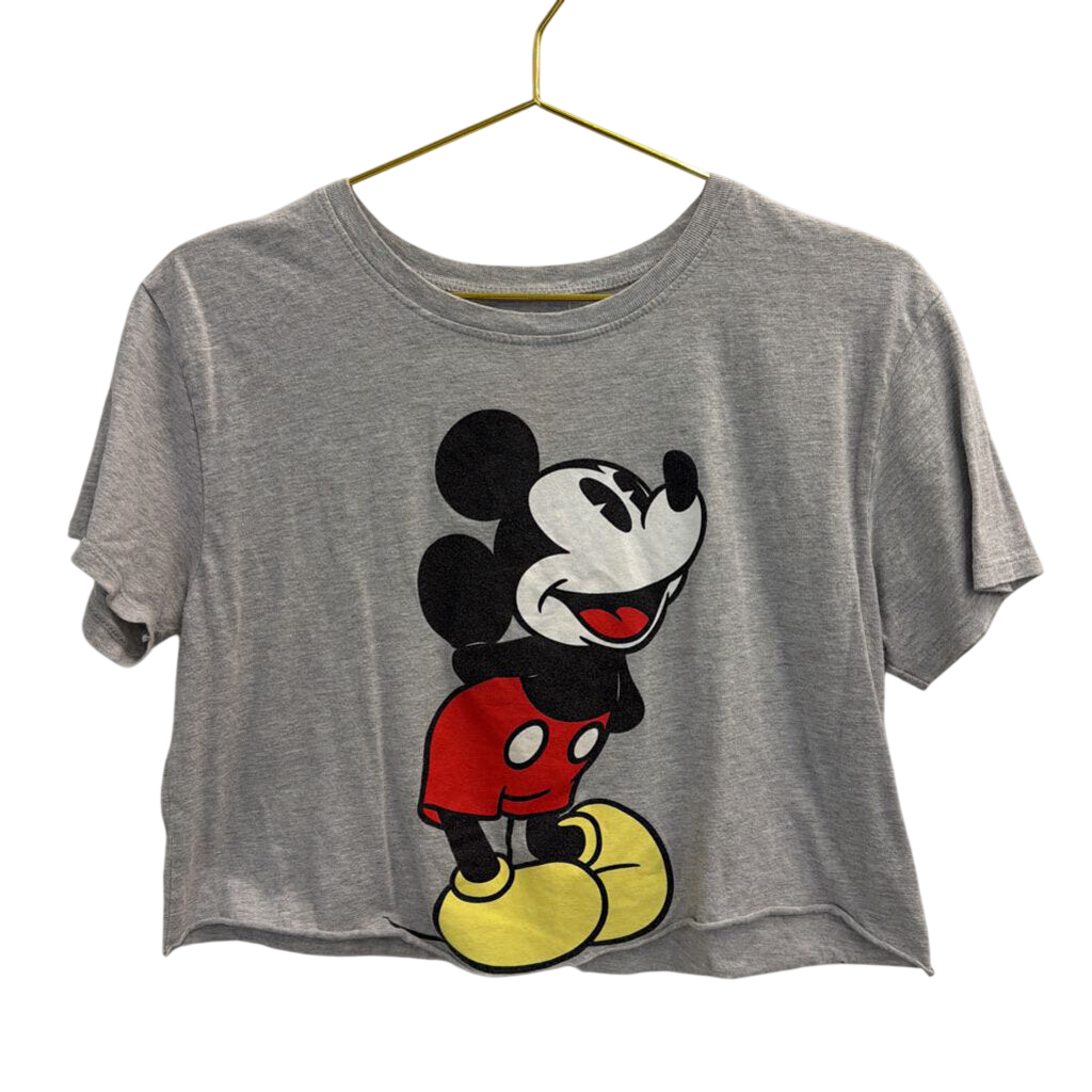 Mickey Mouse Grey Cropped Short Sleeve Graphic Tee Large