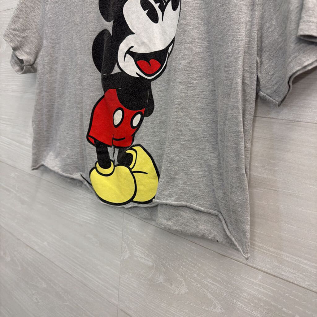 Mickey Mouse Grey Cropped Short Sleeve Graphic Tee Large