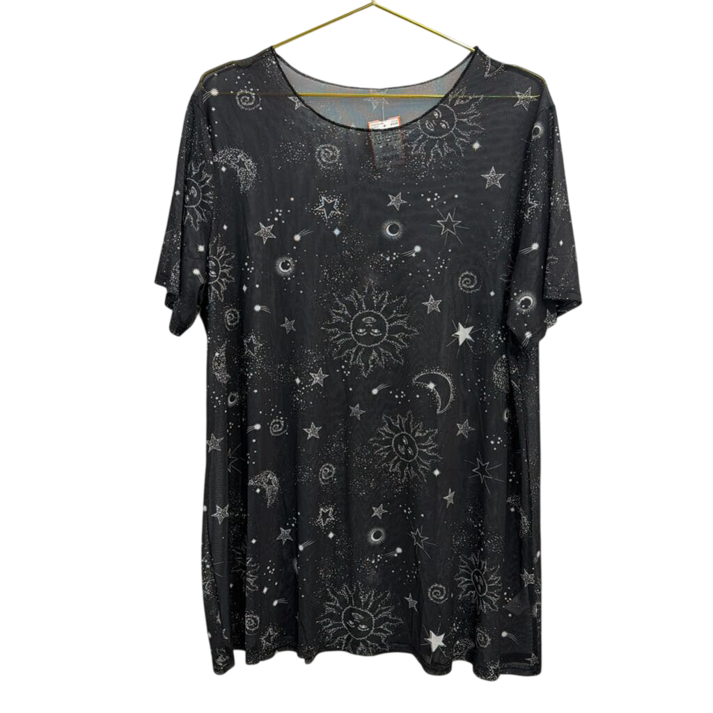 Sheer Black/ White Celestial Print Short Sleeve Tunic Top Medium