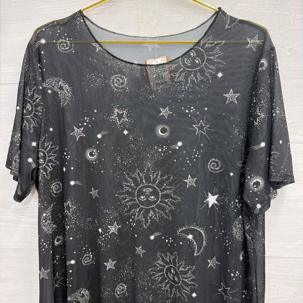 Sheer Black/ White Celestial Print Short Sleeve Tunic Top Medium