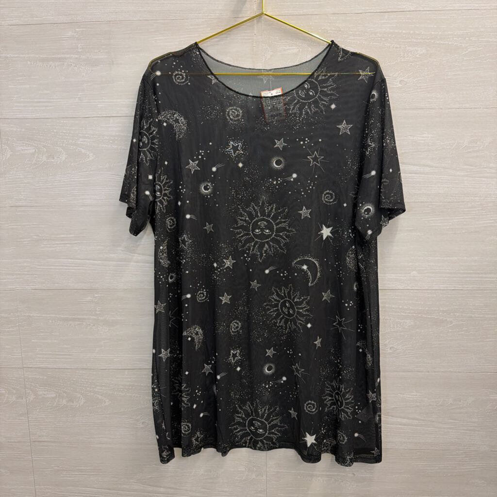 Sheer Black/ White Celestial Print Short Sleeve Tunic Top Medium
