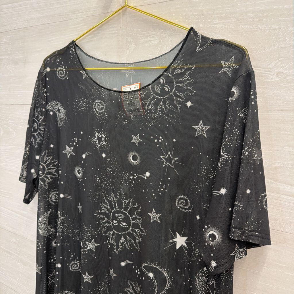 Sheer Black/ White Celestial Print Short Sleeve Tunic Top Medium