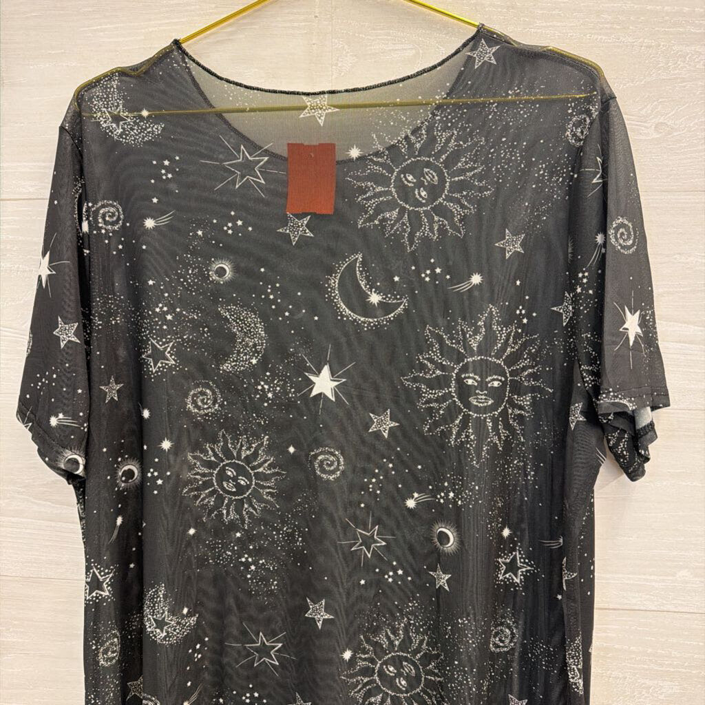 Sheer Black/ White Celestial Print Short Sleeve Tunic Top Medium