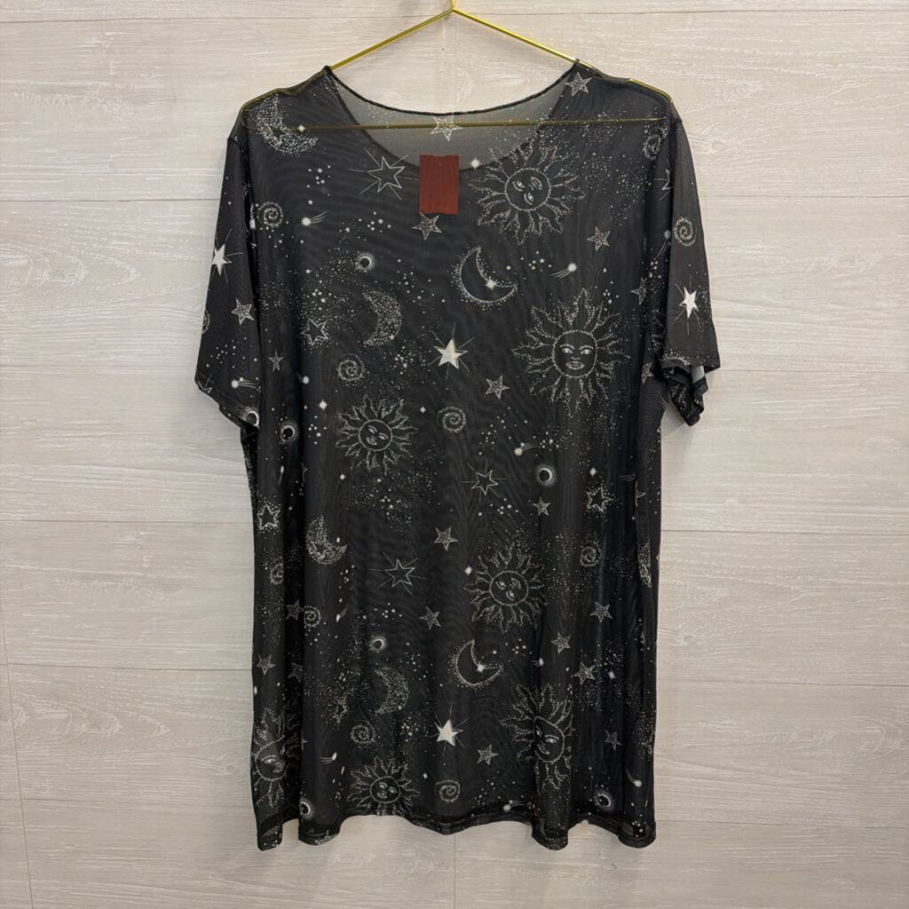 Sheer Black/ White Celestial Print Short Sleeve Tunic Top Medium