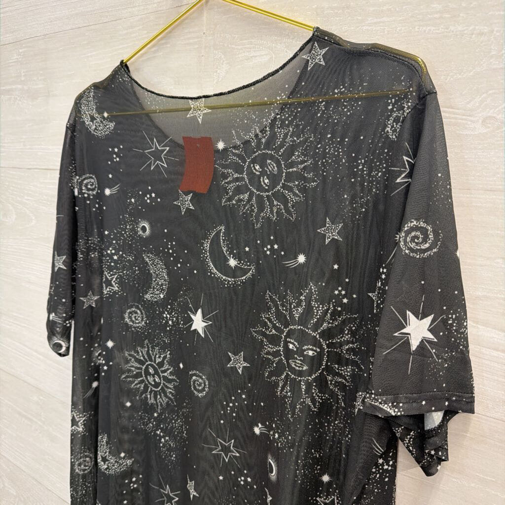 Sheer Black/ White Celestial Print Short Sleeve Tunic Top Medium