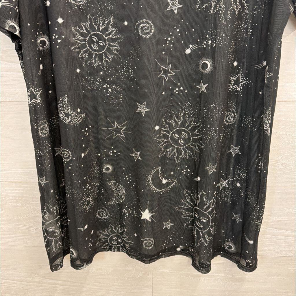 Sheer Black/ White Celestial Print Short Sleeve Tunic Top Medium