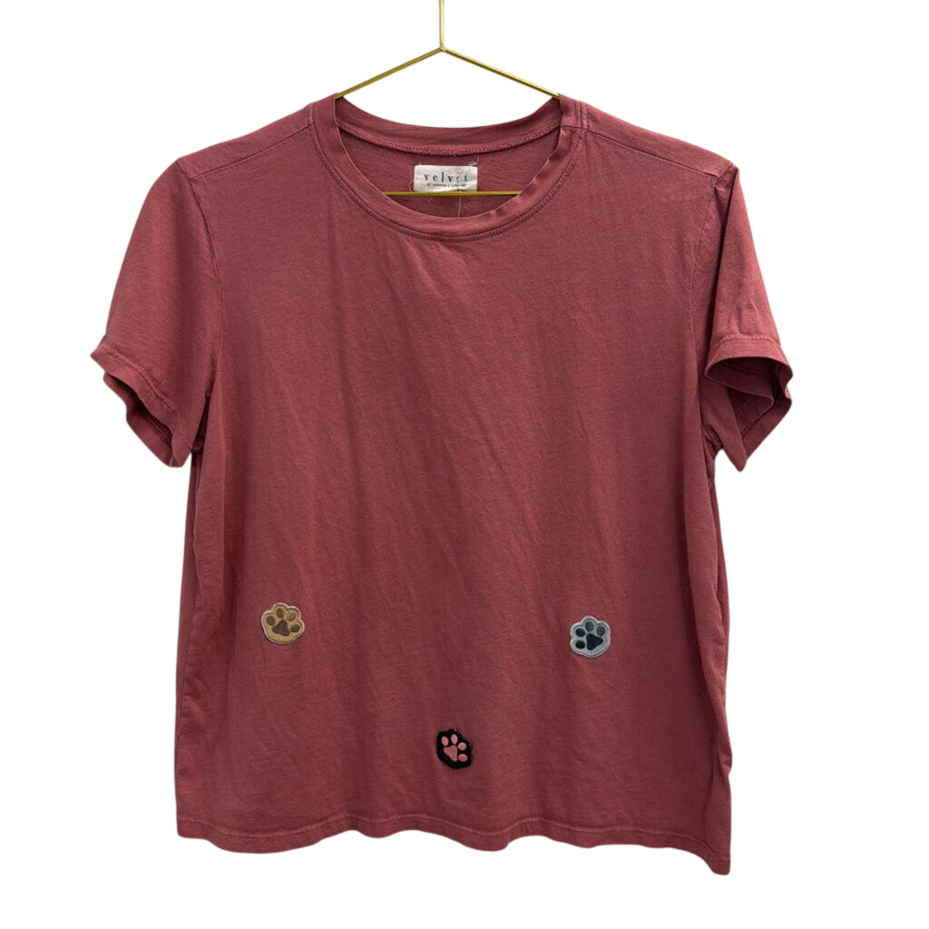 Velvet Pink Paw Print Patchwork Short Sleeve Top Medium