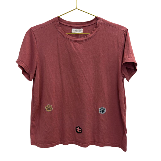 Velvet Pink Paw Print Patchwork Short Sleeve Top Medium