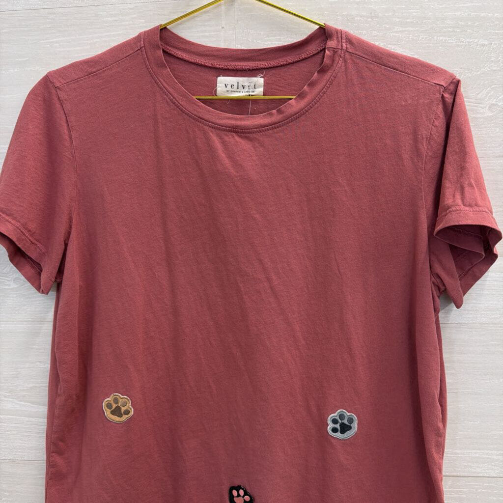 Velvet Pink Paw Print Patchwork Short Sleeve Top Medium