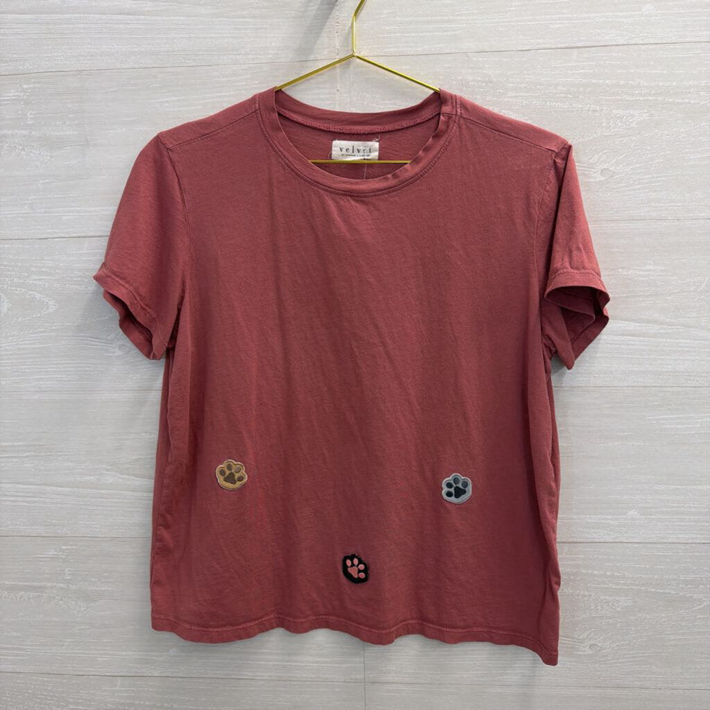 Velvet Pink Paw Print Patchwork Short Sleeve Top Medium