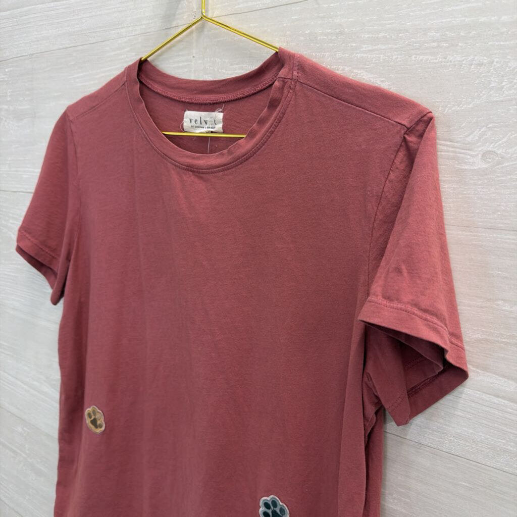 Velvet Pink Paw Print Patchwork Short Sleeve Top Medium