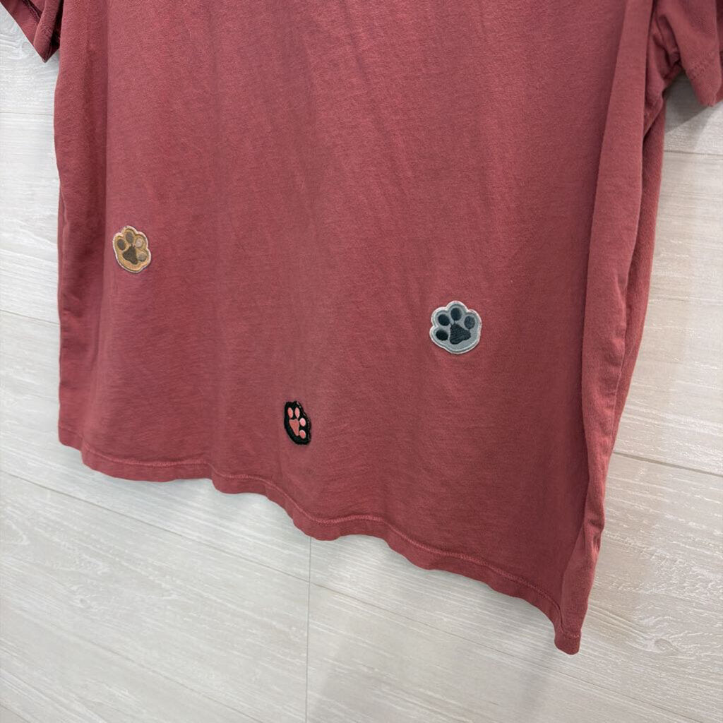 Velvet Pink Paw Print Patchwork Short Sleeve Top Medium