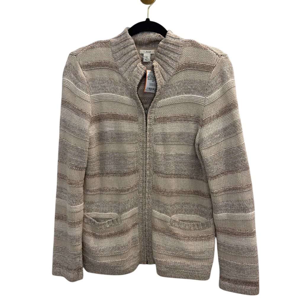 LL Bean Beige Striped Knit Zip Up Sweater Small Petite
