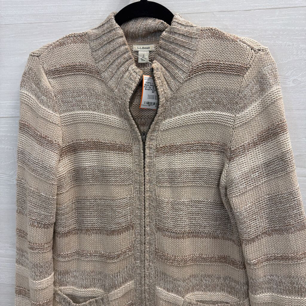 LL Bean Beige Striped Knit Zip Up Sweater Small Petite