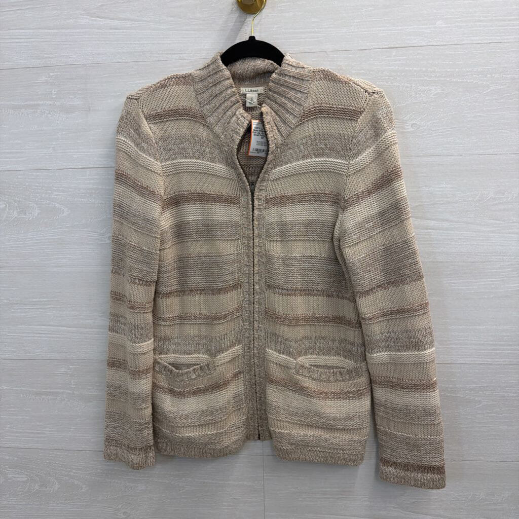 LL Bean Beige Striped Knit Zip Up Sweater Small Petite