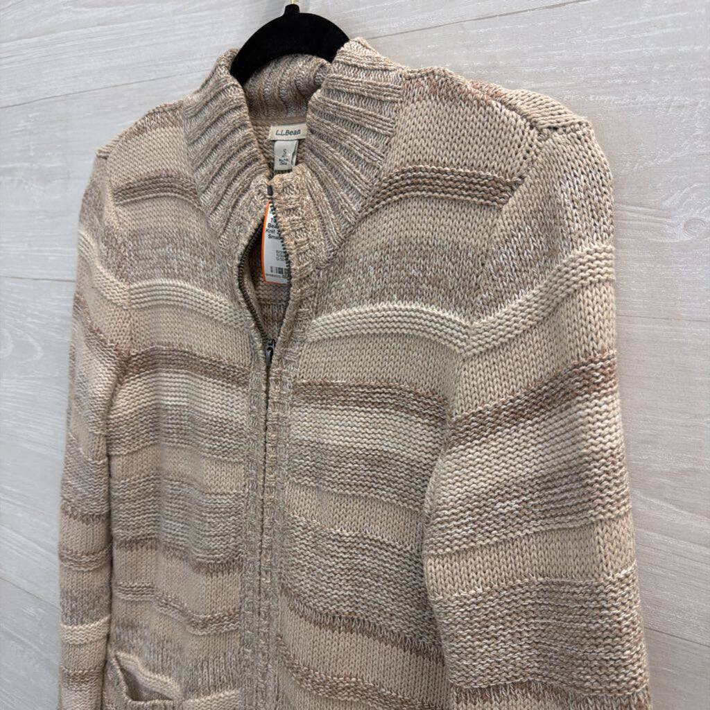 LL Bean Beige Striped Knit Zip Up Sweater Small Petite