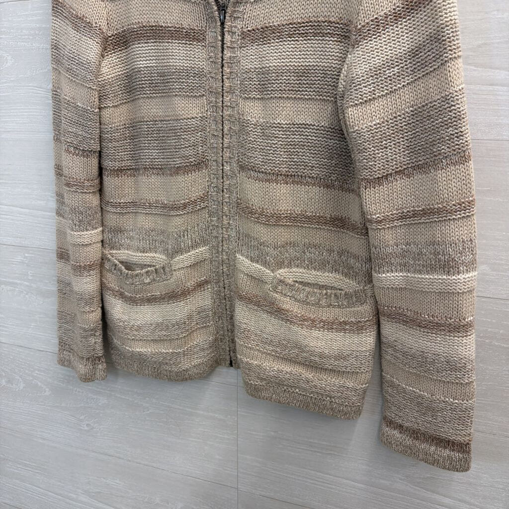 LL Bean Beige Striped Knit Zip Up Sweater Small Petite