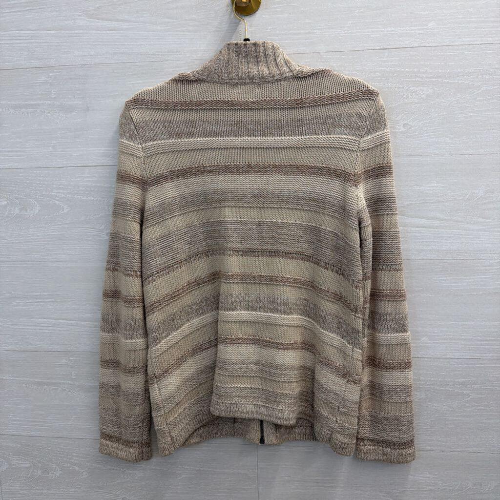 LL Bean Beige Striped Knit Zip Up Sweater Small Petite