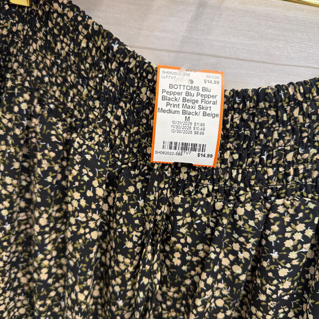 Blu Pepper Black/ Beige Floral Print Maxi Skirt Medium