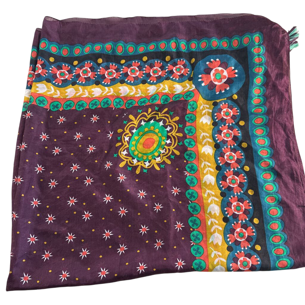 Purple/ Multi Silk Print Scarf