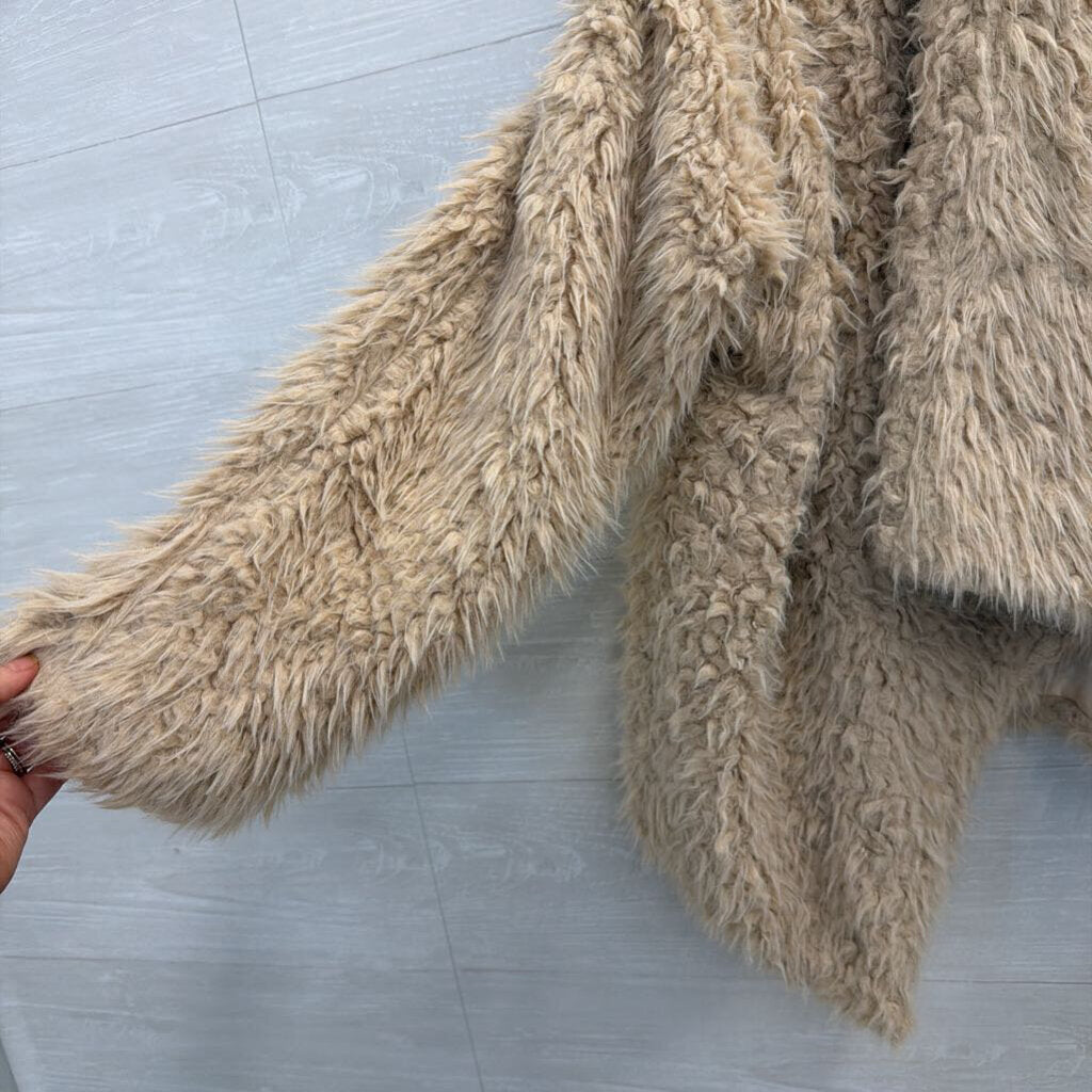 Very J Beige Soft Fuzzy Open Front Jacket Large