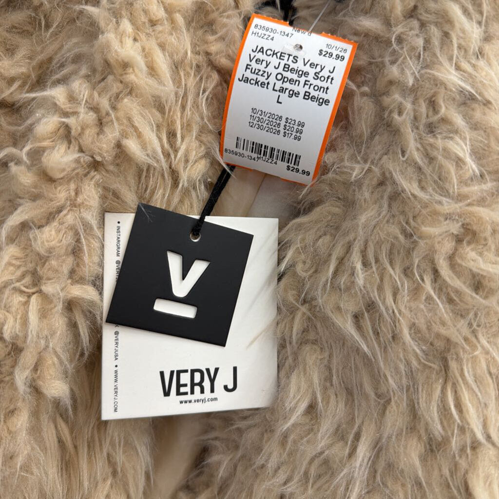 Very J Beige Soft Fuzzy Open Front Jacket Large