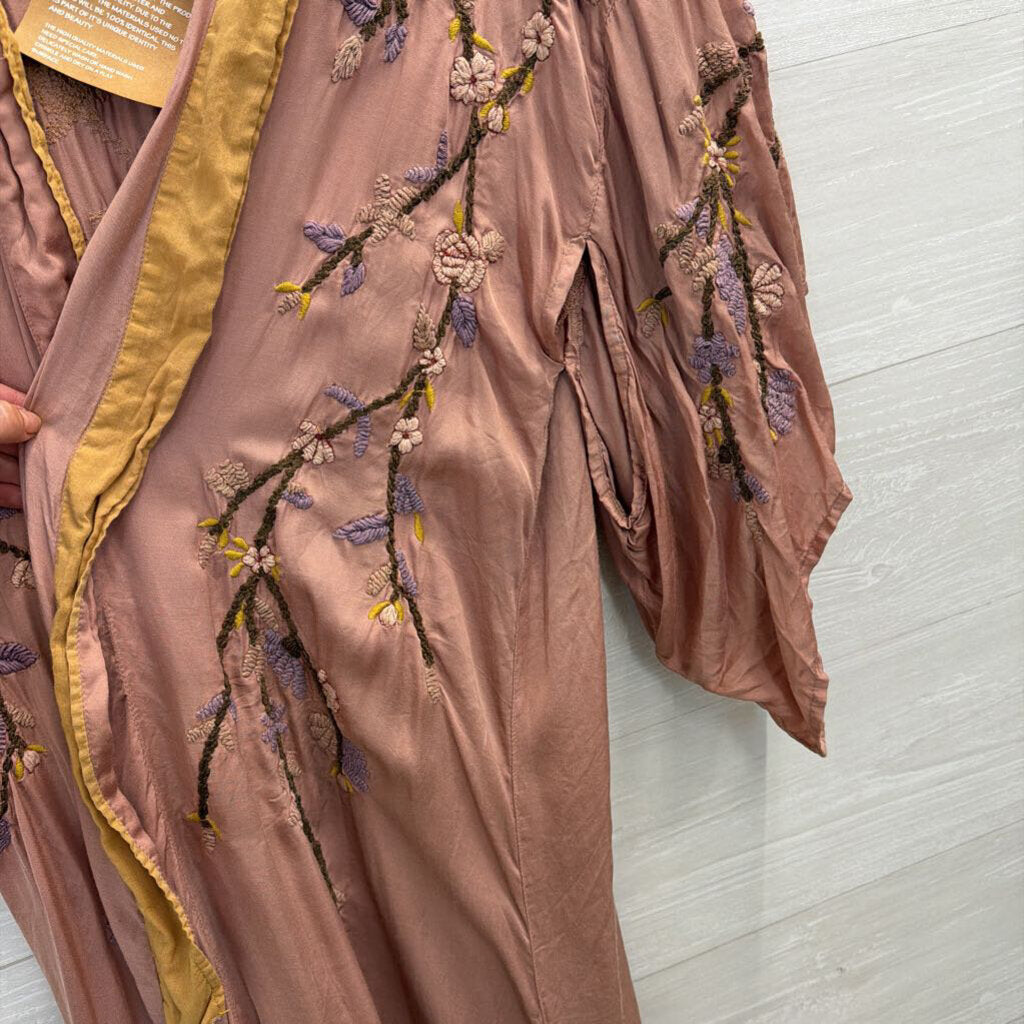 Magnolia Pearl Dusty Rose Floral Embroidered Kimono One Size