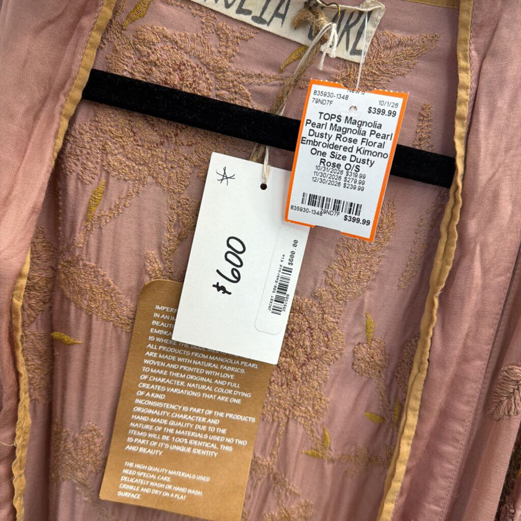 Magnolia Pearl Dusty Rose Floral Embroidered Kimono One Size