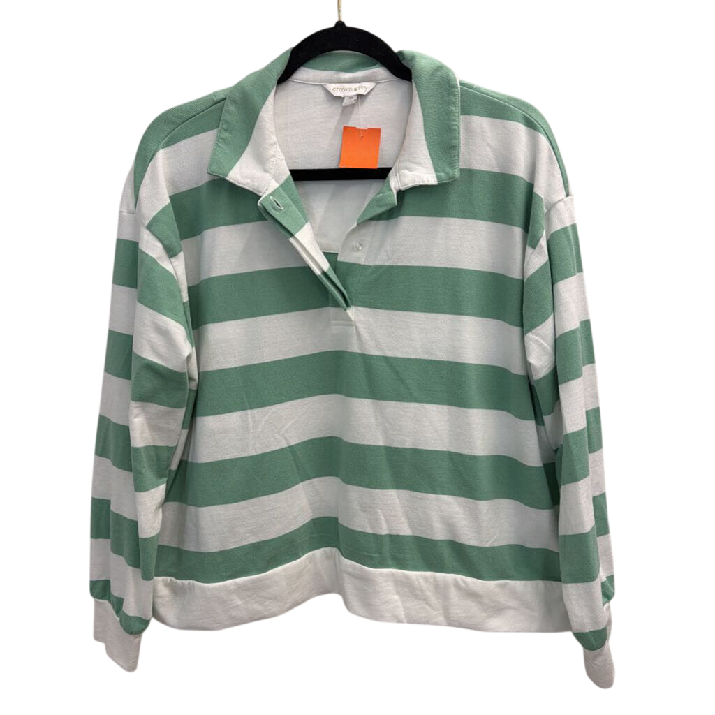 White/ Green Striped Cropped Henley Top Medium