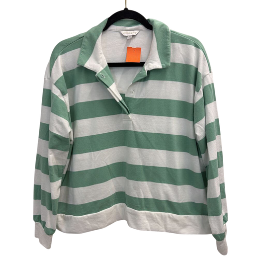 White/ Green Striped Cropped Henley Top Medium